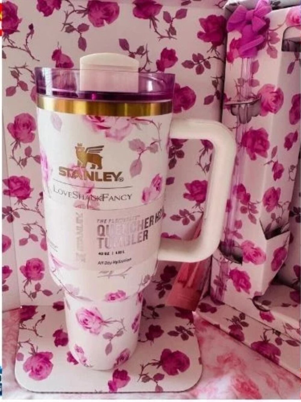 LoveShackFancy X Stanley Ribbon Rosa 40oz Quencher H2.0 Stainless Steel Tumbler - Picture 4 of 4